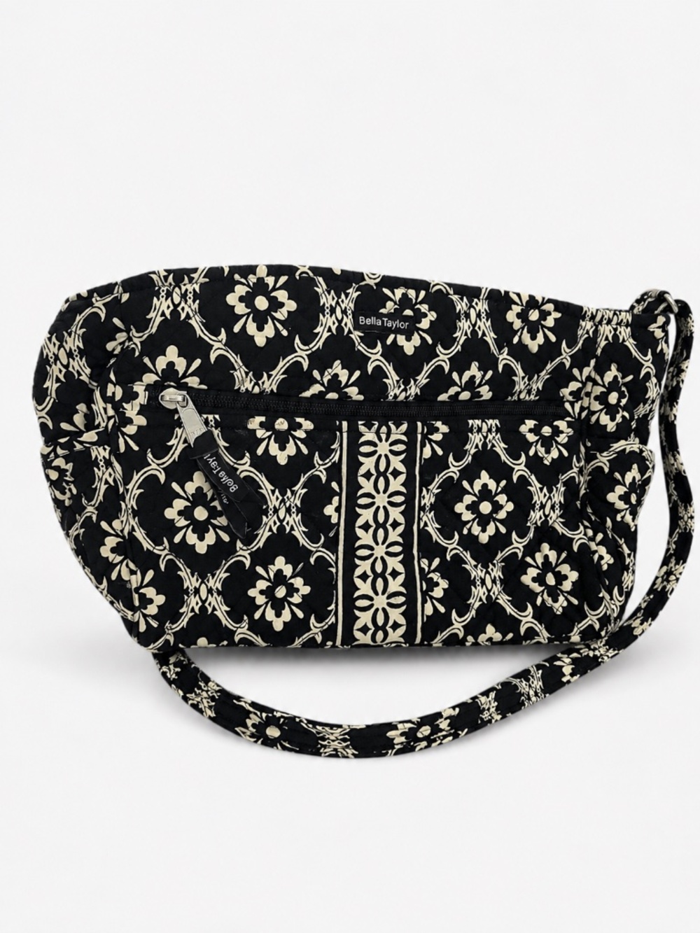 Bella Taylor Black & White Quilted Shoulder Bag Floral Print Zip Pocke